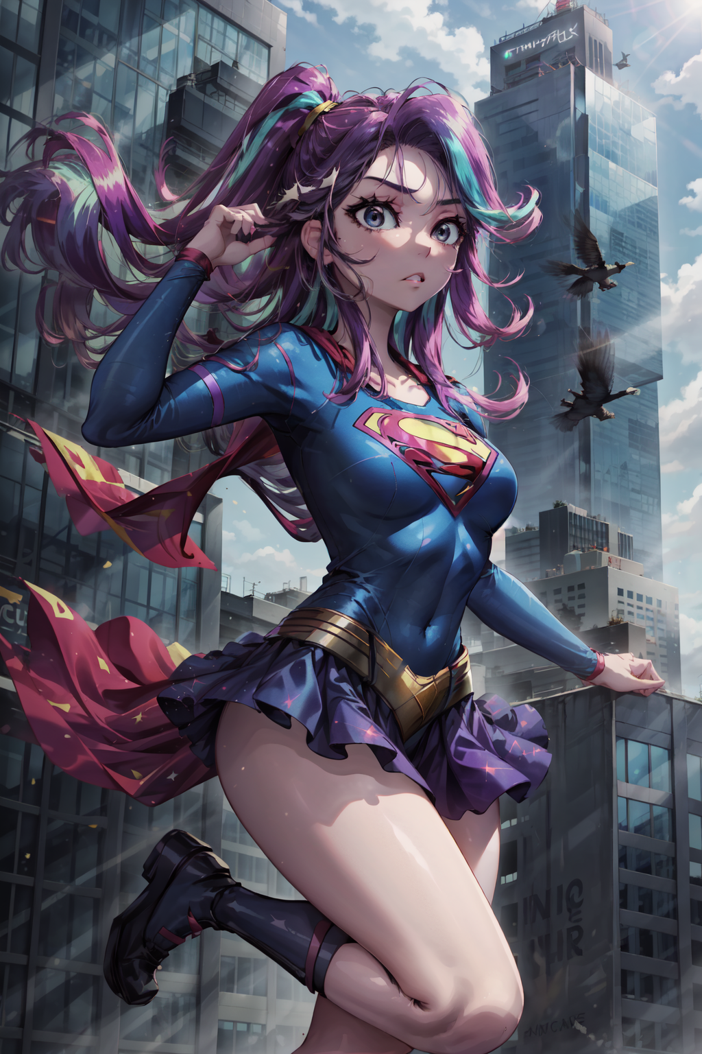 00845-2908372695-masterpiece,best quality,1girl,mlpglimmer,colored skin,streaked hair,(wearing supergirl_cosplay_outfit),(flying in air),city,sky.png